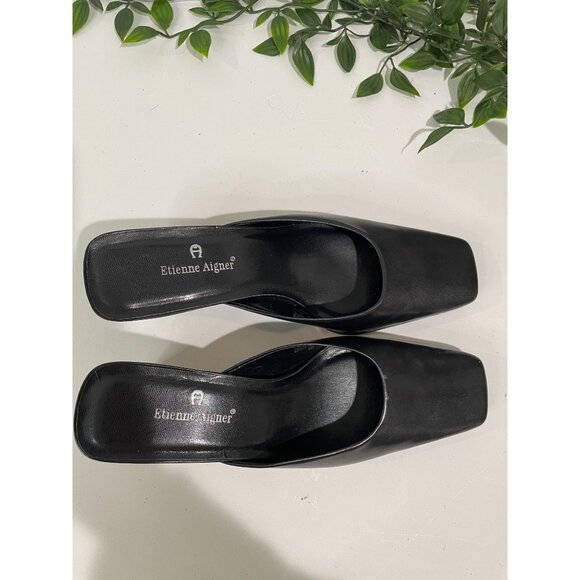 Etienne Aigner Womens Square Toe Black Leather Mules Size 7M - Picture 2 of 12